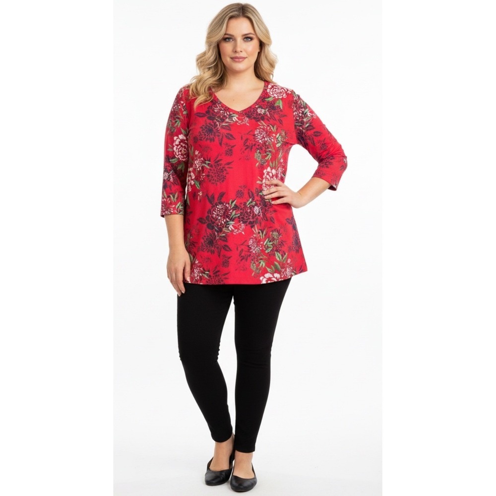 The Pioneer Woman Red Floral Print 3/4 Sleeve V Neck Top Women's Medium
